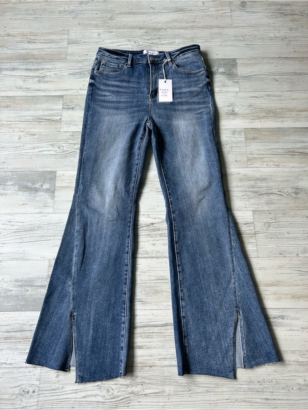 Risen Los Angeles High-Rise Flare Jeans Western Boho Front Split Hem - Med Blue
